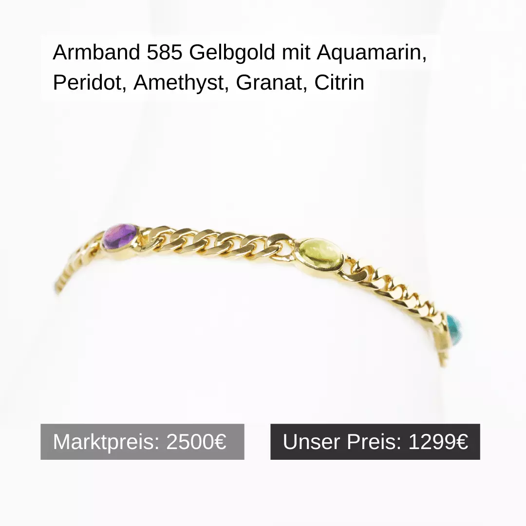 Armband 585 Gelbgold mit Aquamarin, Peridot, Amethyst, Granat und Citrin